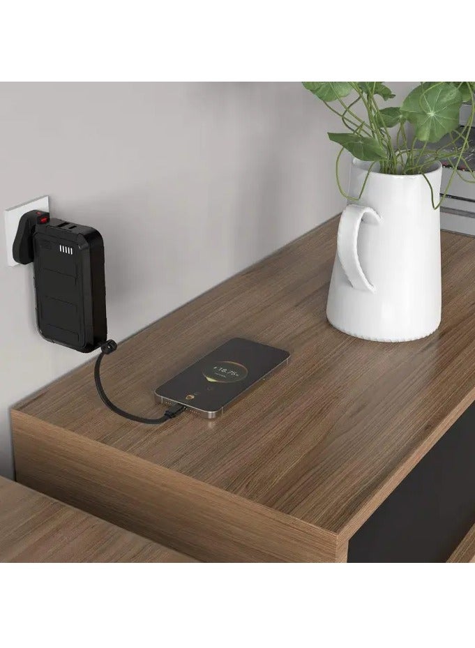 10000mAh Power Bank with Wall Charger and Integrated Type-C 20W & Lightning 10W Cable and UK Plug / Simultaneous Charging - Black