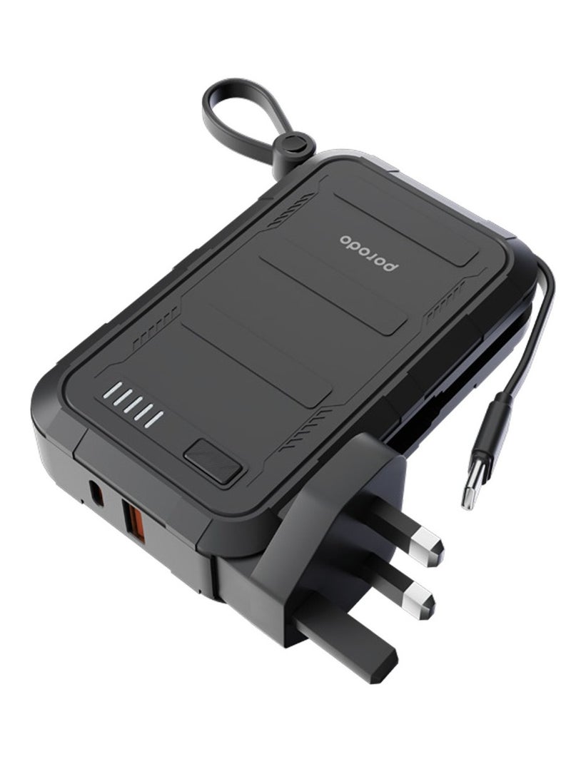 10000mAh Power Bank with Wall Charger and Integrated Type-C 20W & Lightning 10W Cable and UK Plug / Simultaneous Charging - Black