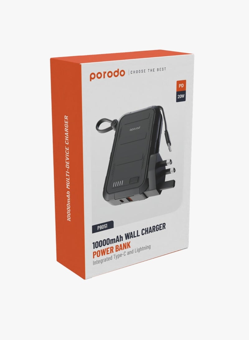 10000mAh Power Bank with Wall Charger and Integrated Type-C 20W & Lightning 10W Cable and UK Plug / Simultaneous Charging - Black