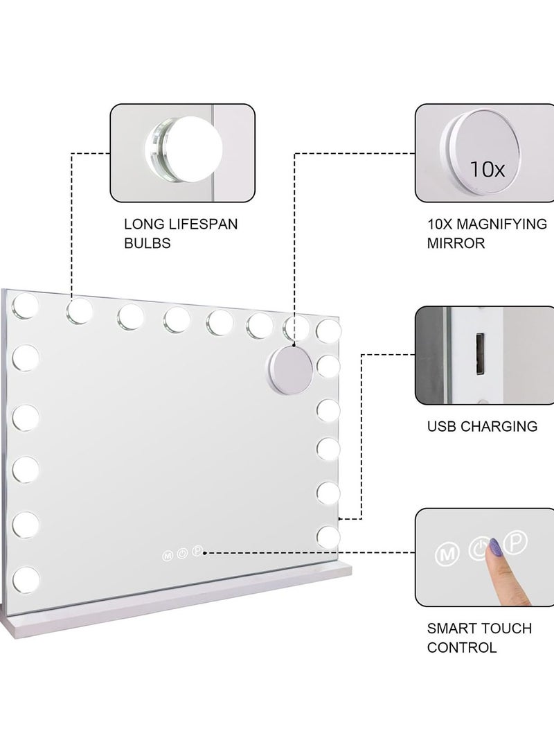 Vanity Mirror With 18 LED Lights & Bluetooth Music USB Charging Port Hollywood Makeup Mirror Lighted Dimmable 10X Magnification 3 Colors Mode Touch Control