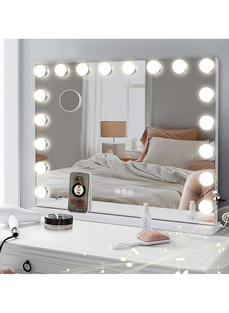 Vanity Mirror With 18 LED Lights & Bluetooth Music USB Charging Port Hollywood Makeup Mirror Lighted Dimmable 10X Magnification 3 Colors Mode Touch Control