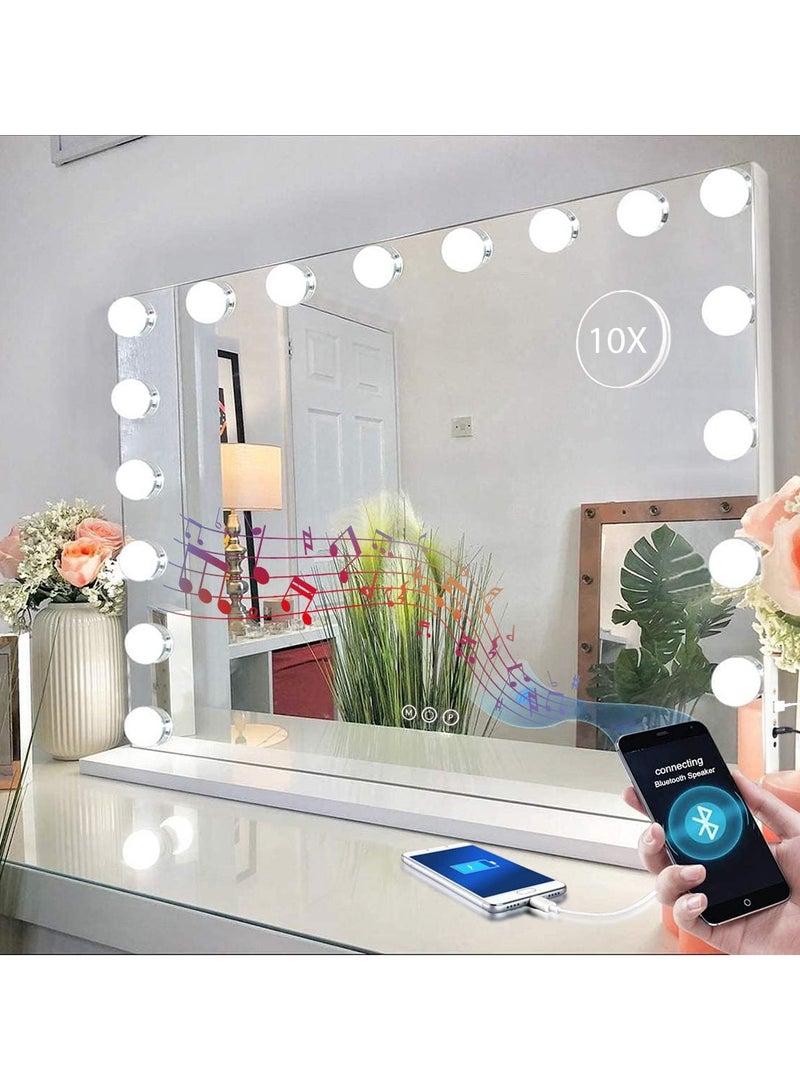 Vanity Mirror With 18 LED Lights & Bluetooth Music USB Charging Port Hollywood Makeup Mirror Lighted Dimmable 10X Magnification 3 Colors Mode Touch Control