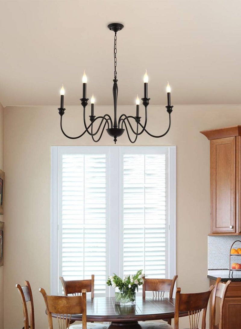6 Light Farmhouse Chandeliers Black Classic Candle Ceiling Pendant Light Fixture for Living Room Kitchen Dining Room