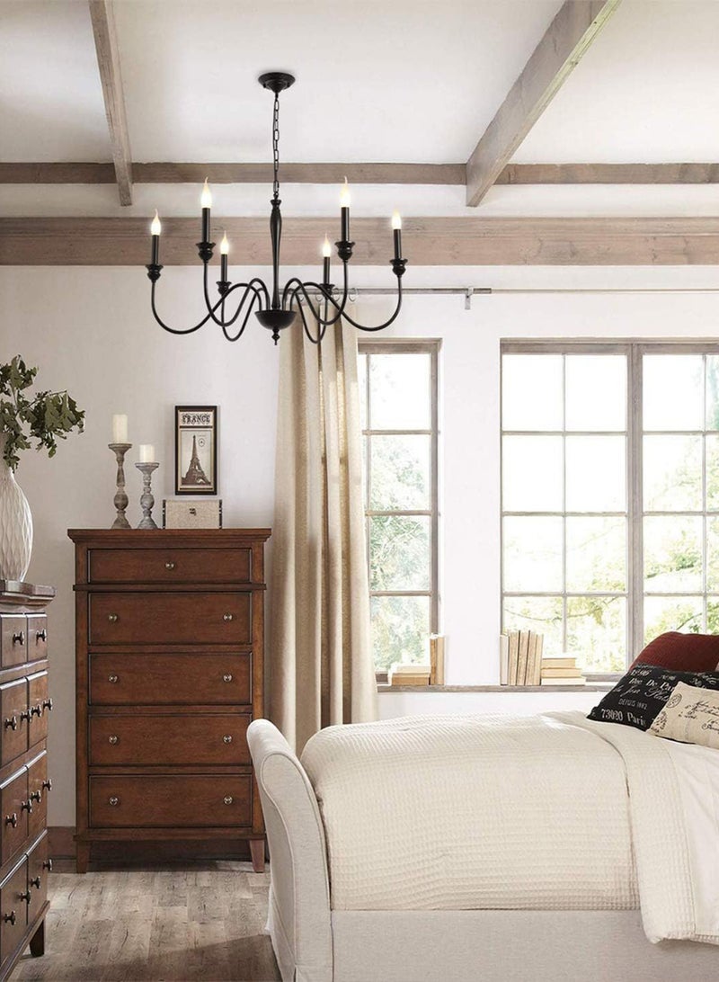 6 Light Farmhouse Chandeliers Black Classic Candle Ceiling Pendant Light Fixture for Living Room Kitchen Dining Room