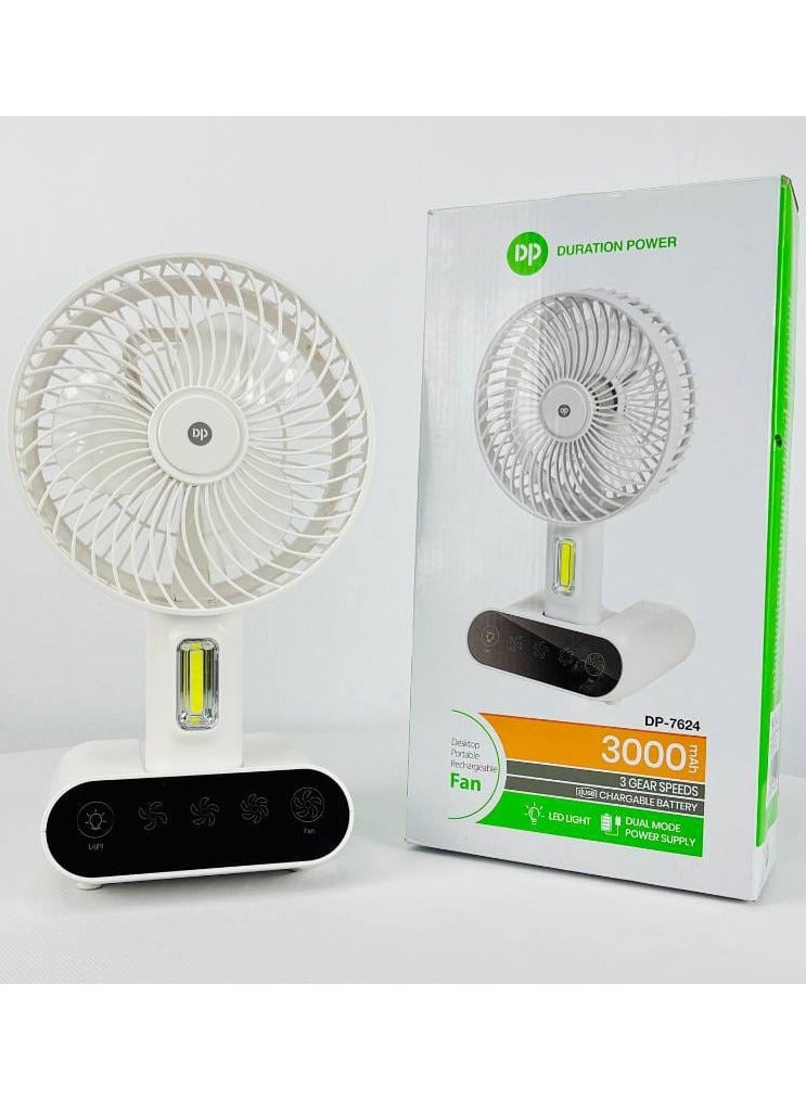 DP 7624 Rechargeable TableTouch Fan With Lamp USB Charging Portable Handheld 3 Gear Speed Desktop Mini Fan - DP 7624