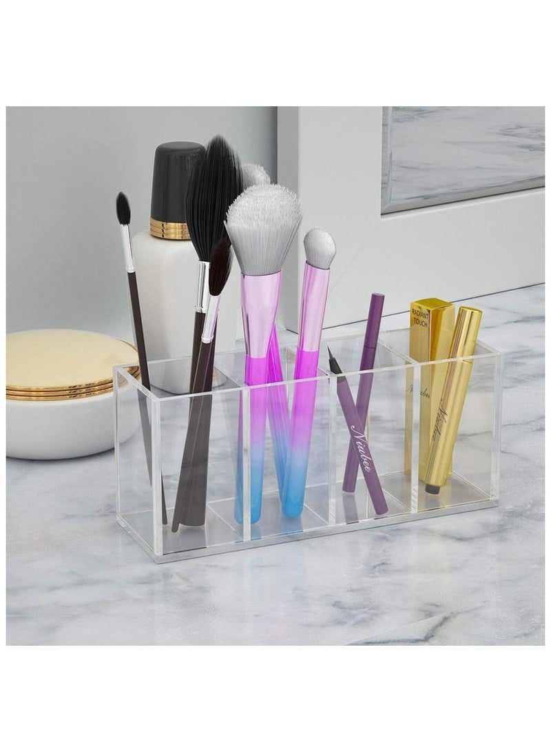 Acrylic Pen Holder, 4 Compartments Box,Clear Pen Pencil Holder Desk Organizer Makeup Brush Holder,Compartments Containers for Office Accessories,Cosmetic Brush Storage,Dorm,Bathroom,Kitchen (Clear)