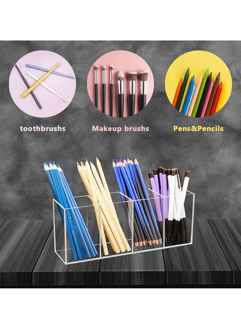Acrylic Pen Holder, 4 Compartments Box,Clear Pen Pencil Holder Desk Organizer Makeup Brush Holder,Compartments Containers for Office Accessories,Cosmetic Brush Storage,Dorm,Bathroom,Kitchen (Clear)