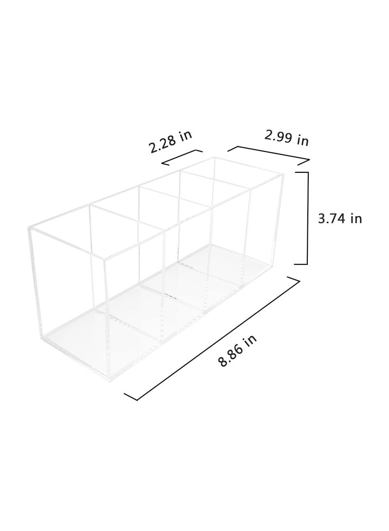Acrylic Pen Holder, 4 Compartments Box,Clear Pen Pencil Holder Desk Organizer Makeup Brush Holder,Compartments Containers for Office Accessories,Cosmetic Brush Storage,Dorm,Bathroom,Kitchen (Clear)