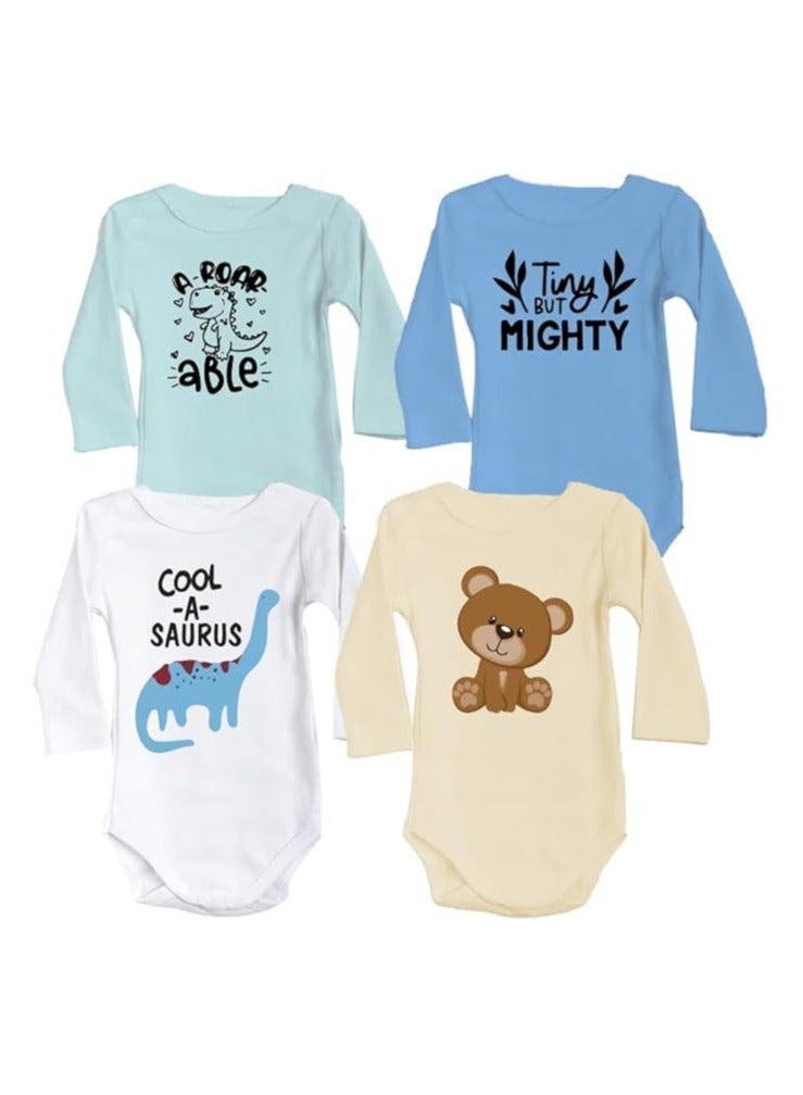 Baby Romper Set for Boys - Pack of 4 Long Sleeve Cotton Rompers - Cute Outfits for Newborns and Toddlers with Snap Closure - Gift for Baby Boys