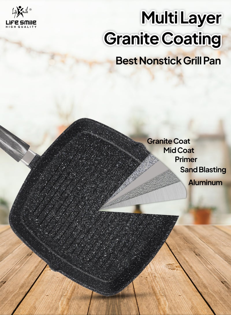 Granite Coated Non-Stick Grill Pan with Stay Cool Fixed Handle for Stove Tops, Square Big Grill Skillet Steak Pan for Indoor & Outdoor Gas Grill Camping & BBQ - 100% PFOA & PFAS Free