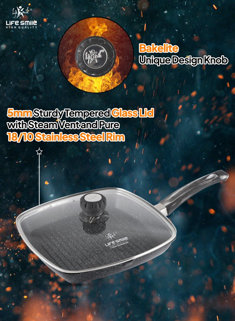 Granite Coated Non-Stick Grill Pan with Stay Cool Fixed Handle for Stove Tops, Square Big Grill Skillet Steak Pan for Indoor & Outdoor Gas Grill Camping & BBQ - 100% PFOA & PFAS Free