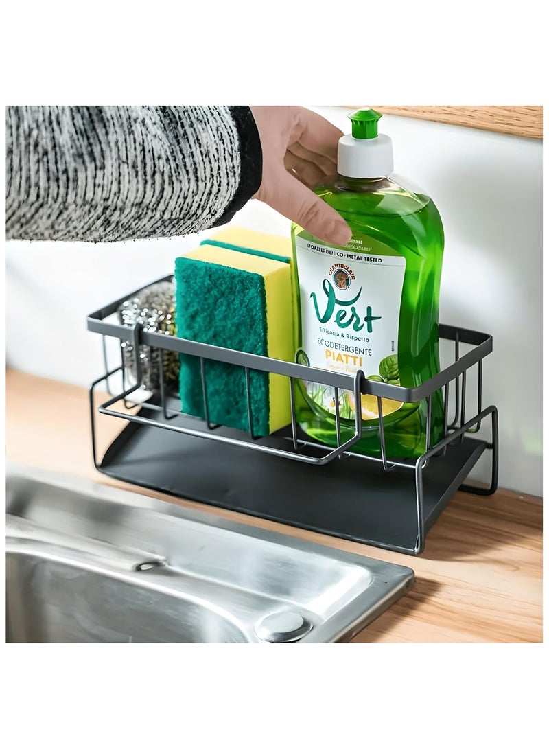 Sink Caddy Sponge Holder with Auto Drain Tray Kitchen Sink Organizer and Storage Rack for Dish Soap Dispenser Brush Scrubbers Towel stand (Gray With Towel Holder)