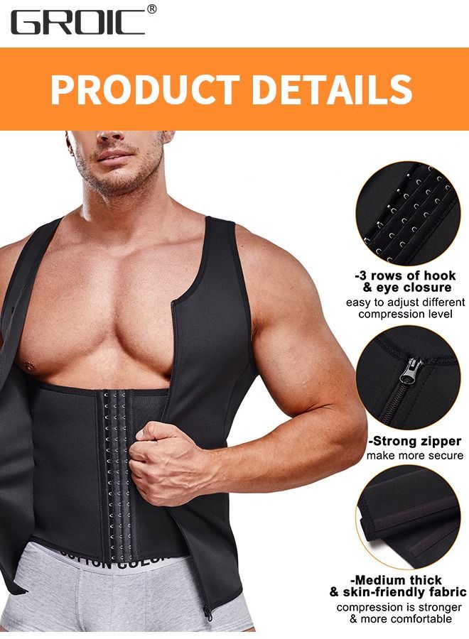 Men's Waist Trainer Sauna Vest Waist Trainer Zipper Neoprene Sauna Suit Tank Top, Weight Loss Body Shaper Sweat Vest  with 3 Rows of Hooks and Zipper, Sauna Workout Trainer Vest, XL