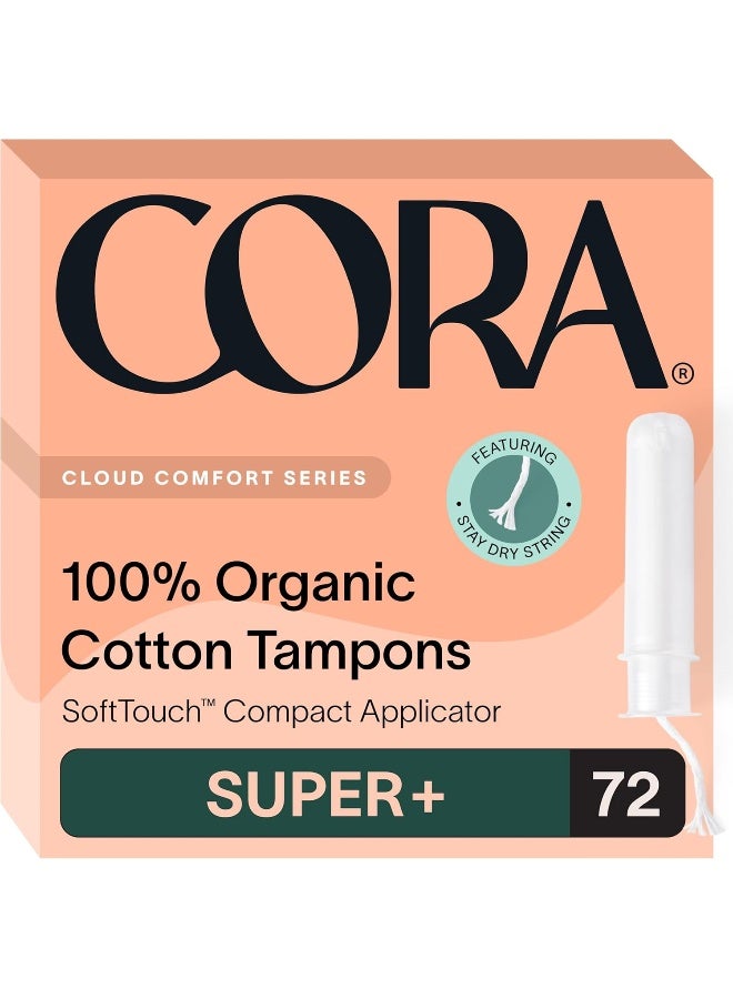 Organic Applicator Tampons Super Plus Absorbency 100% Organic CottonUnscentedPlant-Based Compact Applicator Leak ProtectionEasy InsertionNon-Toxic (72 Tampons)