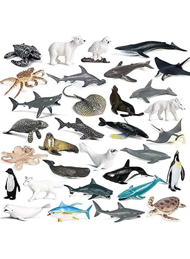 32PCS Mini Ocean Animal Figures Set with Sharks Whales Arctic Animals