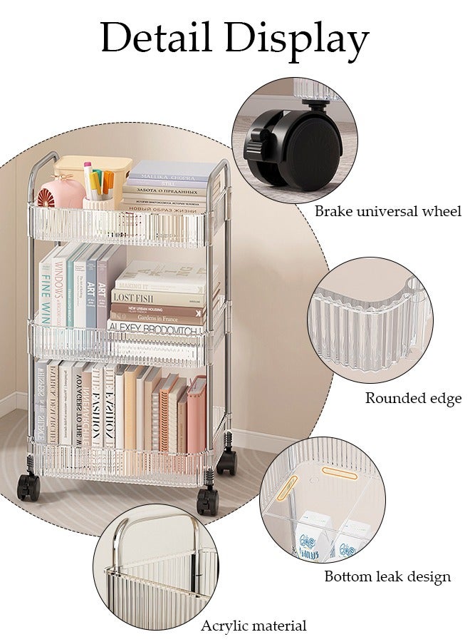 3 Tier Clear Rolling Utility Cart Organizer, Multipurpose Mobile Organizer Storage Shelves Trolley Kitchen, Bedroom, Bathroom, Office, Laundry Room