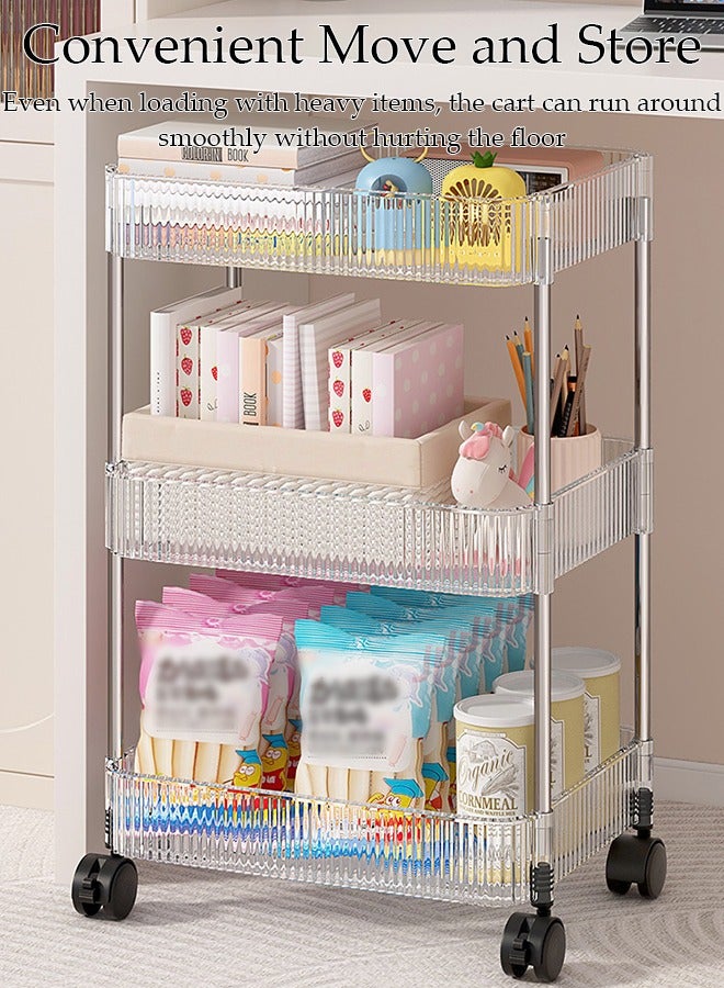 3 Tier Clear Rolling Utility Cart Organizer, Multipurpose Mobile Organizer Storage Shelves Trolley Kitchen, Bedroom, Bathroom, Office, Laundry Room