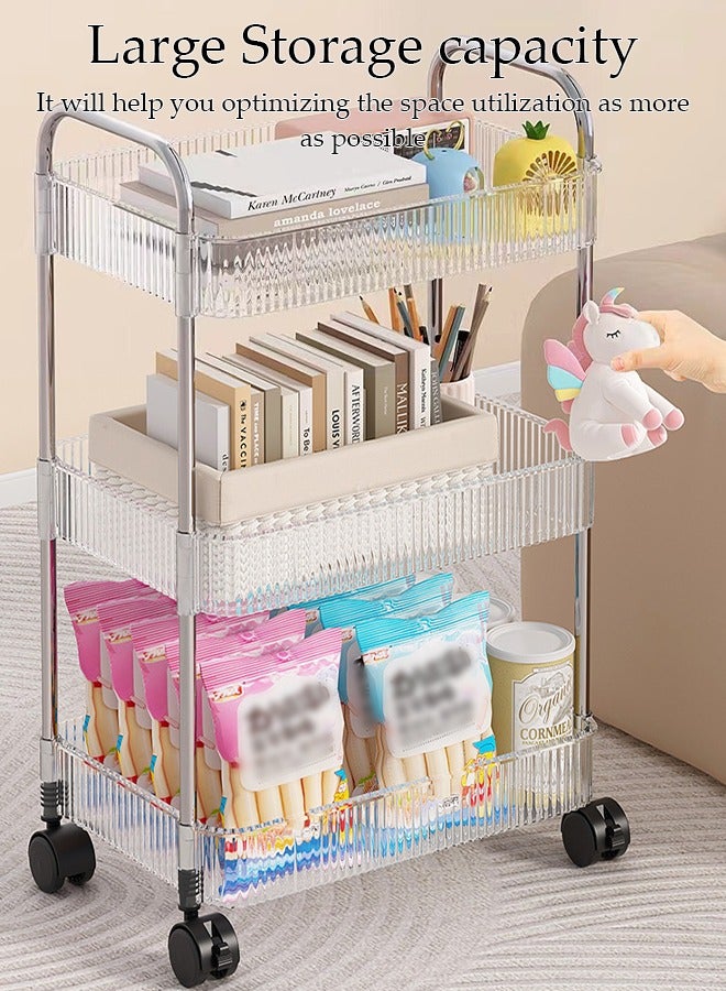 3 Tier Clear Rolling Utility Cart Organizer, Multipurpose Mobile Organizer Storage Shelves Trolley Kitchen, Bedroom, Bathroom, Office, Laundry Room