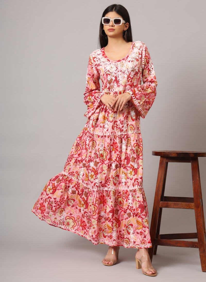 Hand Embroidered Chikankari A-Line Gathering Pattern Mulmul Cotton Jalabiya-AL3673