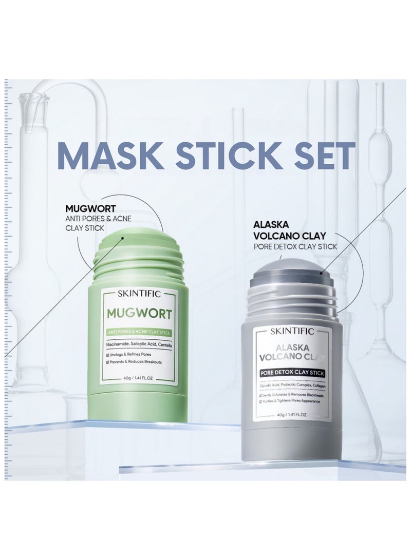 Skintific Skincare Collection: Mugwort Acne Clay Mask Stick + Alaska Volcano Reduce Blackheads Deep Pores Cleansing Clay Mask Stick 40G