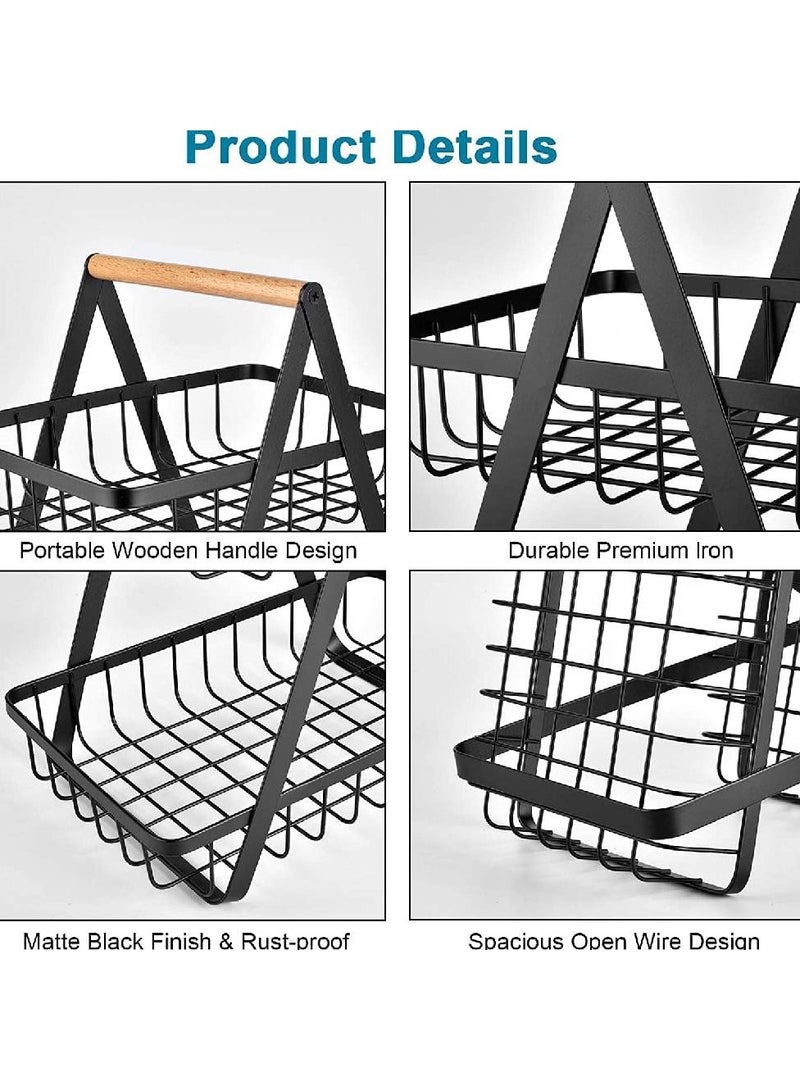 2-Tier Countertop Fruit Basket Storage, Vegetable Rack Bread Display Stand for Kitchen, Black