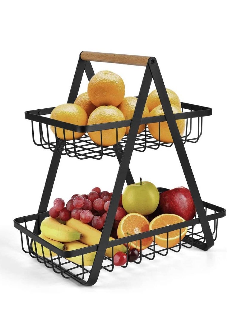 2-Tier Countertop Fruit Basket Storage, Vegetable Rack Bread Display Stand for Kitchen, Black