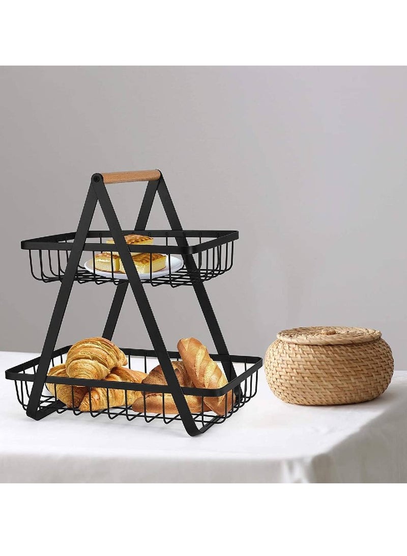 2-Tier Countertop Fruit Basket Storage, Vegetable Rack Bread Display Stand for Kitchen, Black