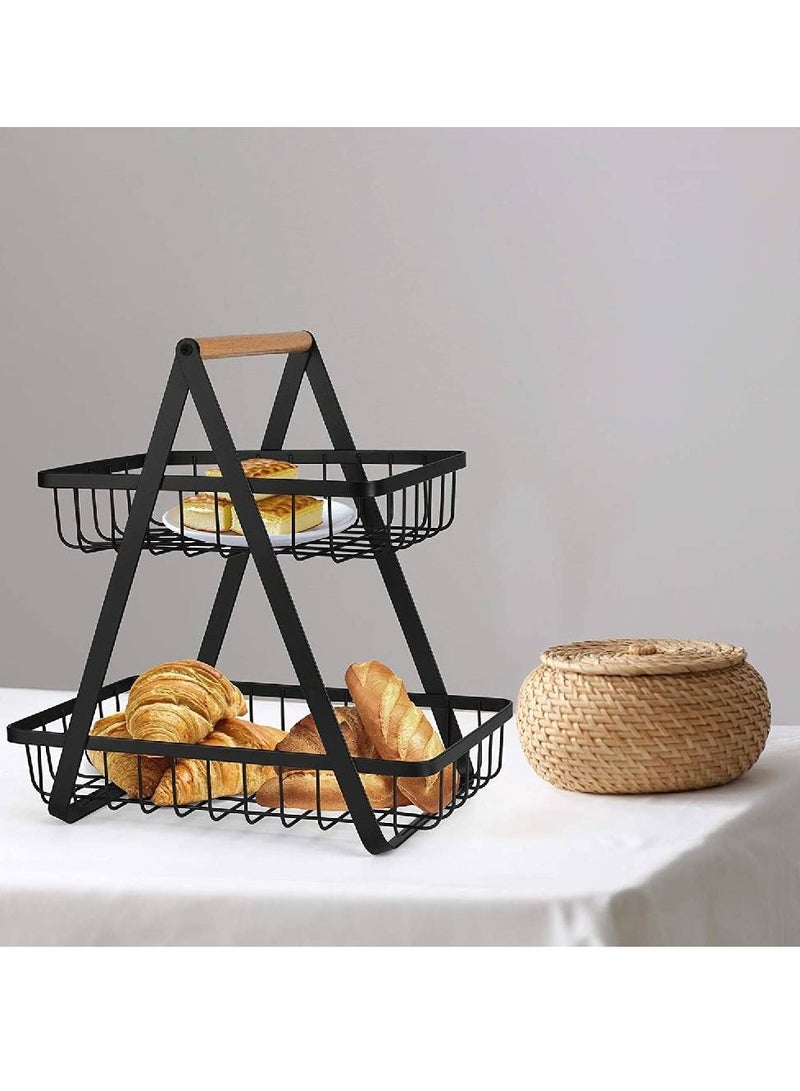 2-Tier Countertop Fruit Basket Storage, Vegetable Rack Bread Display Stand for Kitchen, Black