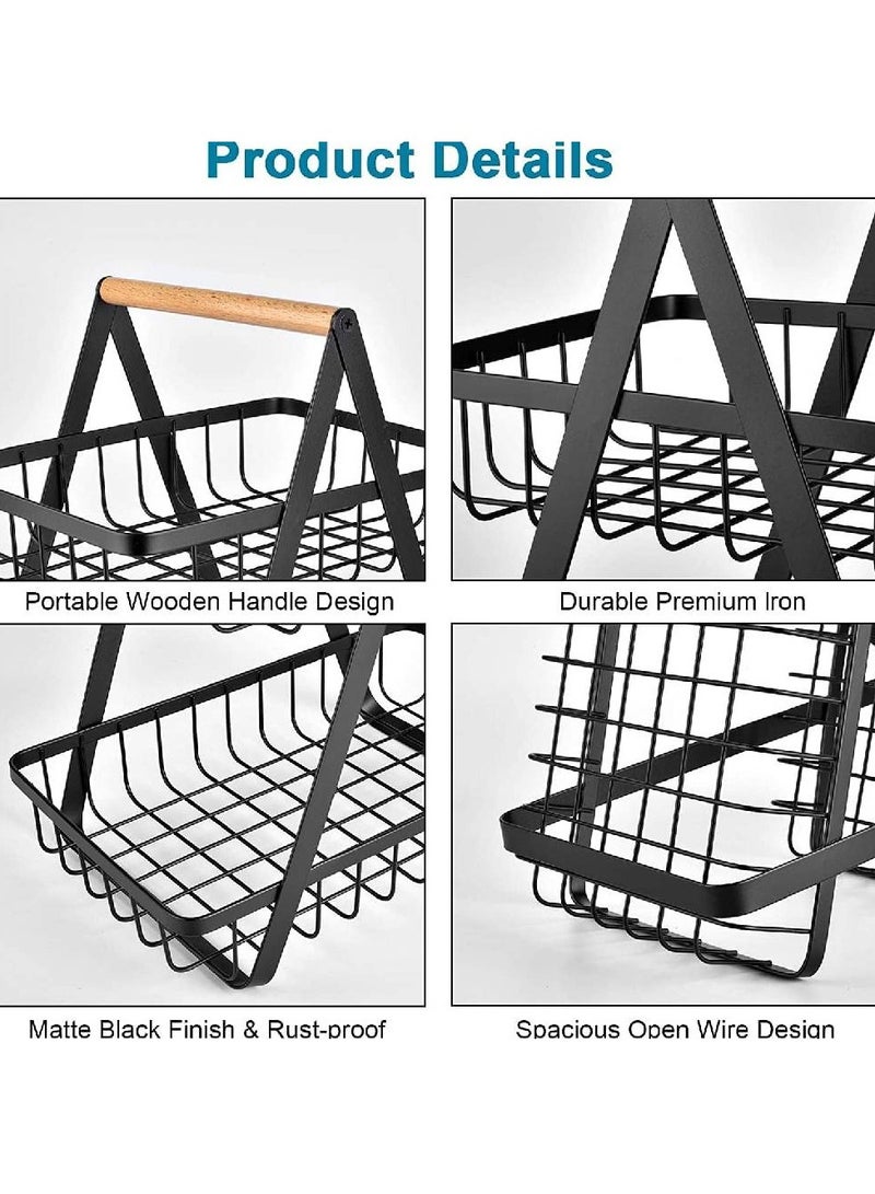 2-Tier Countertop Fruit Basket Storage, Vegetable Rack Bread Display Stand for Kitchen, Black