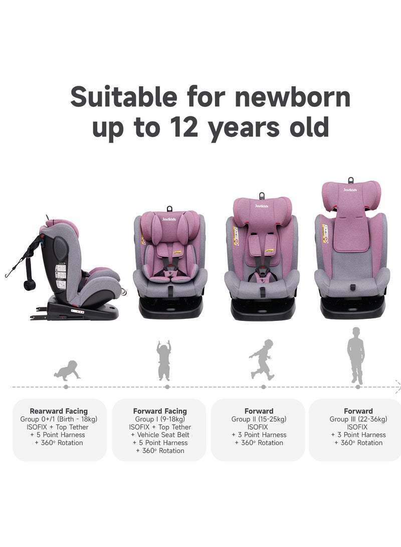 Jovikids Angela Safety Baby Car Seat with Isofix and Top Tether, 360 Degree Swivel Child Seat, Rotating Carseat for Group 0/1/2/3, 0-12 Years Old, ECE R44/04, Pink