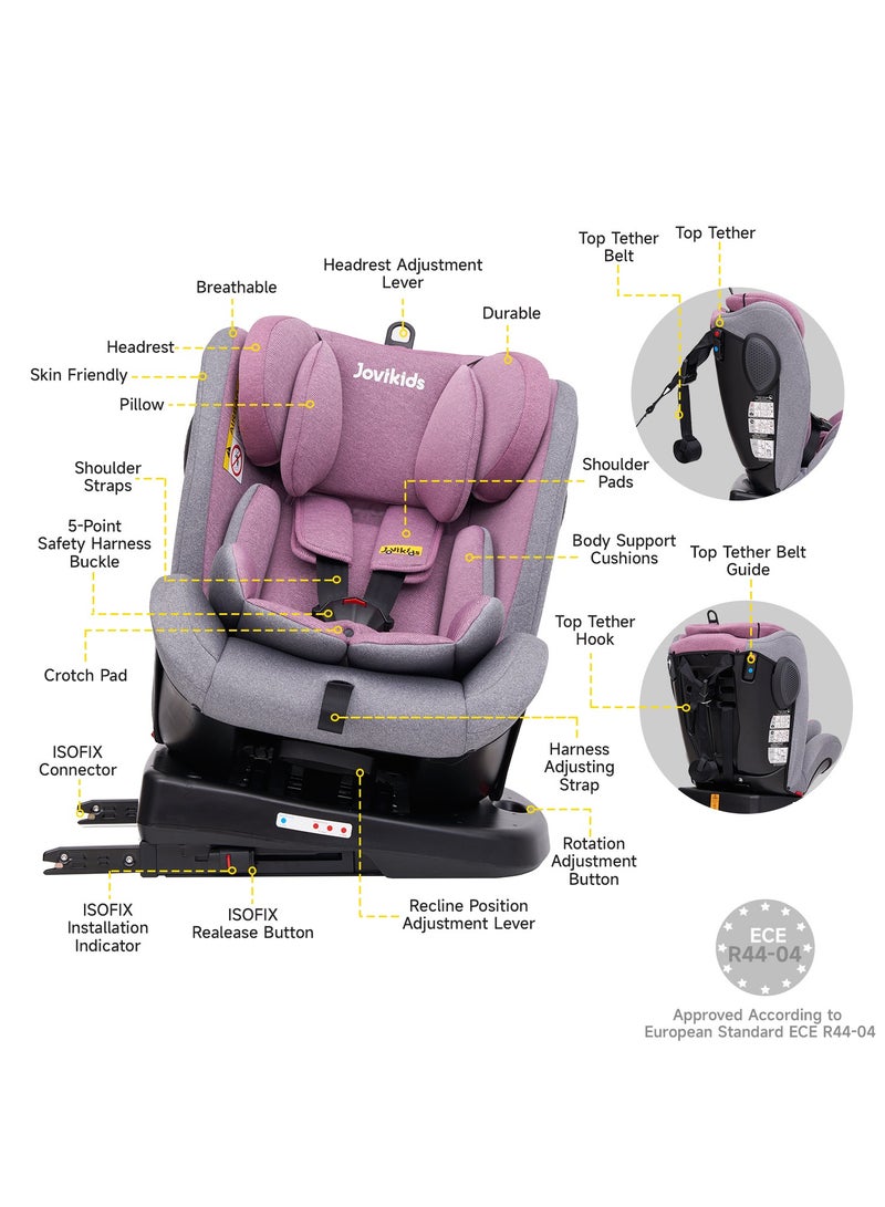 Jovikids Angela Safety Baby Car Seat with Isofix and Top Tether, 360 Degree Swivel Child Seat, Rotating Carseat for Group 0/1/2/3, 0-12 Years Old, ECE R44/04, Pink