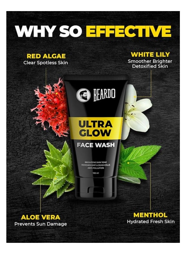 Beardo Ultraglow Face Wash for Men, (100ml x 2) | Aloe Vera Facewash that Enhances & Balances Skin Tone | Glowing & Radiant Cleanser for face with Menthol & White Lily