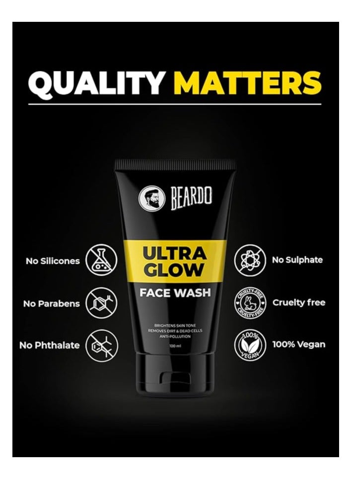 Beardo Ultraglow Face Wash for Men, (100ml x 2) | Aloe Vera Facewash that Enhances & Balances Skin Tone | Glowing & Radiant Cleanser for face with Menthol & White Lily