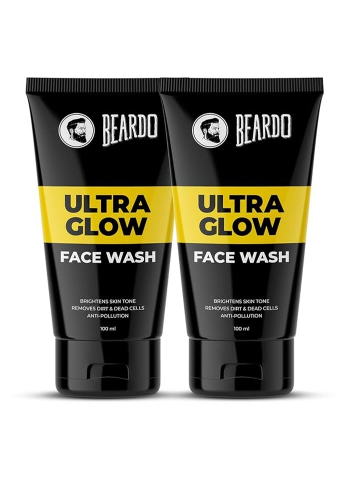 Beardo Ultraglow Face Wash for Men, (100ml x 2) | Aloe Vera Facewash that Enhances & Balances Skin Tone | Glowing & Radiant Cleanser for face with Menthol & White Lily