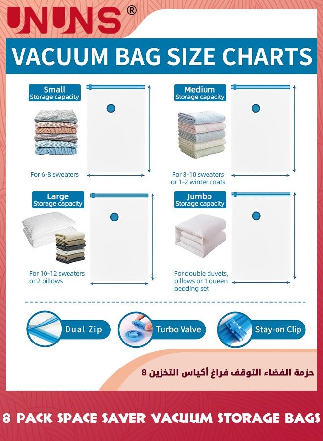 Vacuum Storage Bags 8 Jumbo Pack,4 Different Sizes Vacuum Seal Bag With Free Hand Pump,Large Space Saver Compression Storage Bag,Vacuum Seal Bags For Clothes Comforters Blanket Pillows Bedding