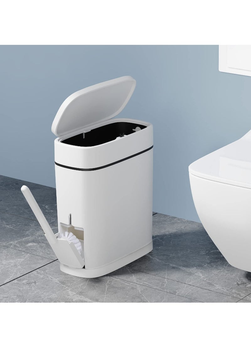 Bathroom Trash Can with Lid, Slim Plastic Wastebasket with Toilet Brush Container, 3.7 Gallons Dogproof Garbage Bin with Press Locking Lid for Home, RV Bathroom, Living Room, White