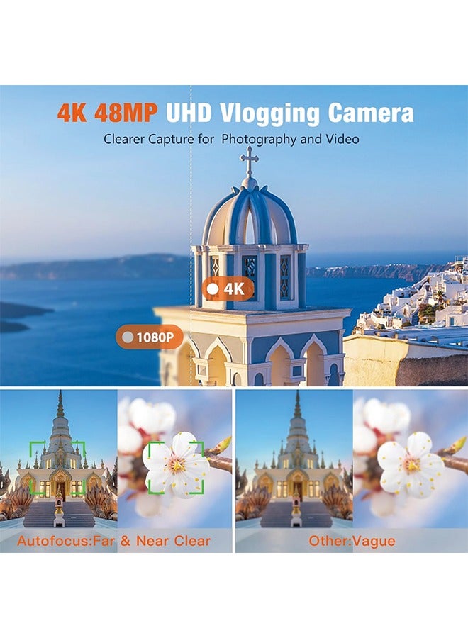 4K Digital Camera with SD Card, 48MP Vlogging Camera with Viewfinder Flash Dial, Camera for Photography and Video Autofocus, Portable Travel Camera, 16X Zoom Anti-Shake Small Digital Camera