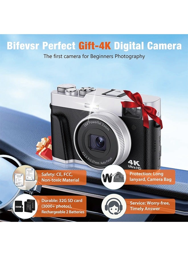 4K Digital Camera with SD Card, 48MP Vlogging Camera with Viewfinder Flash Dial, Camera for Photography and Video Autofocus, Portable Travel Camera, 16X Zoom Anti-Shake Small Digital Camera