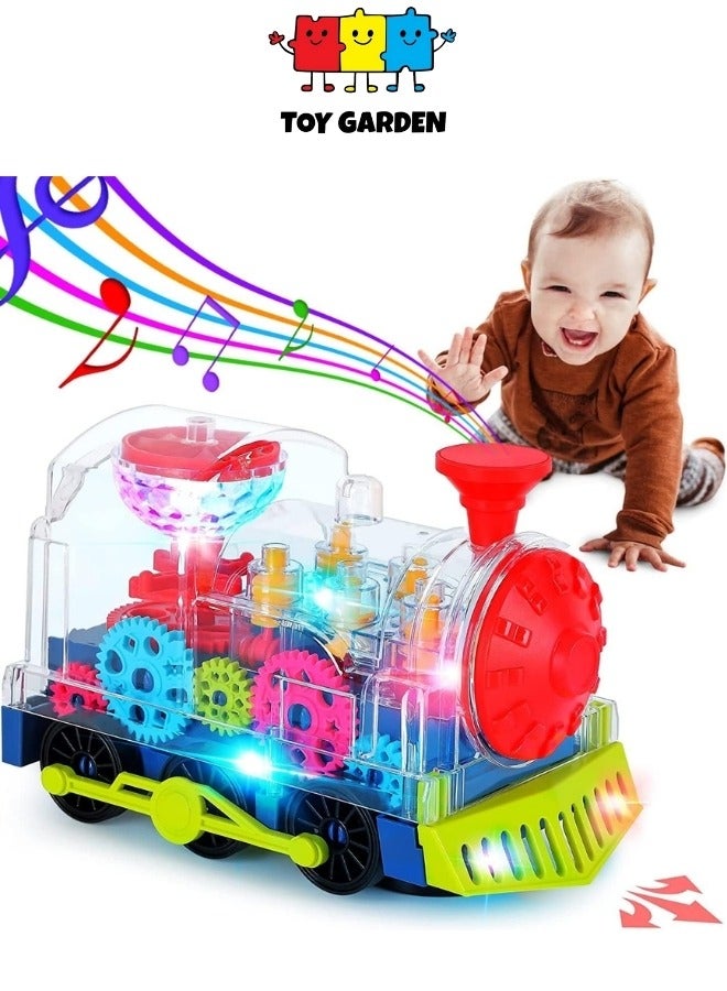 Light Up Gear Train Toy for Kids – Transparent Electric Rotating Mechanical Train with Flashing Lights, Music & Sound – Educational Locomotive Toy