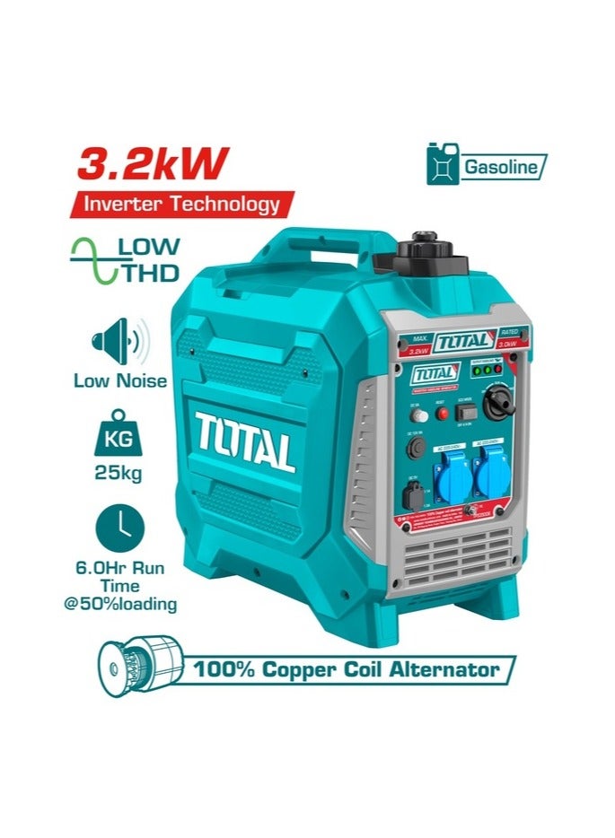 Super Total Silent 3.2kW Inverter Portable Gasoline Generator - Ultra-Quiet, Ideal Power for Camping, Outdoor Activities, and Home Use| air-cooled system, 6-Hour Runtime, Multiple Outlets, Lightweight Design