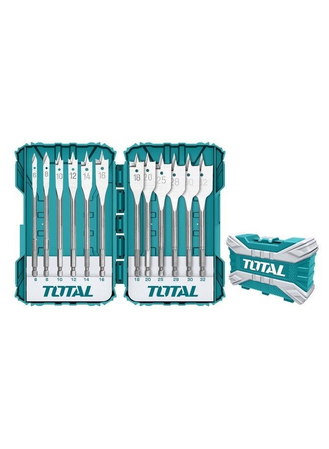 Total 12-Piece Flat Wood Drill Bit Set - Carbon Steel Paddle Bits with 1/4