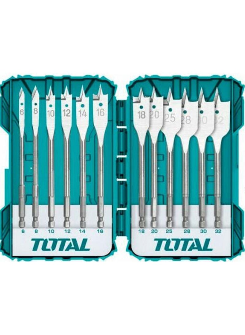 Total 12-Piece Flat Wood Drill Bit Set - Carbon Steel Paddle Bits with 1/4