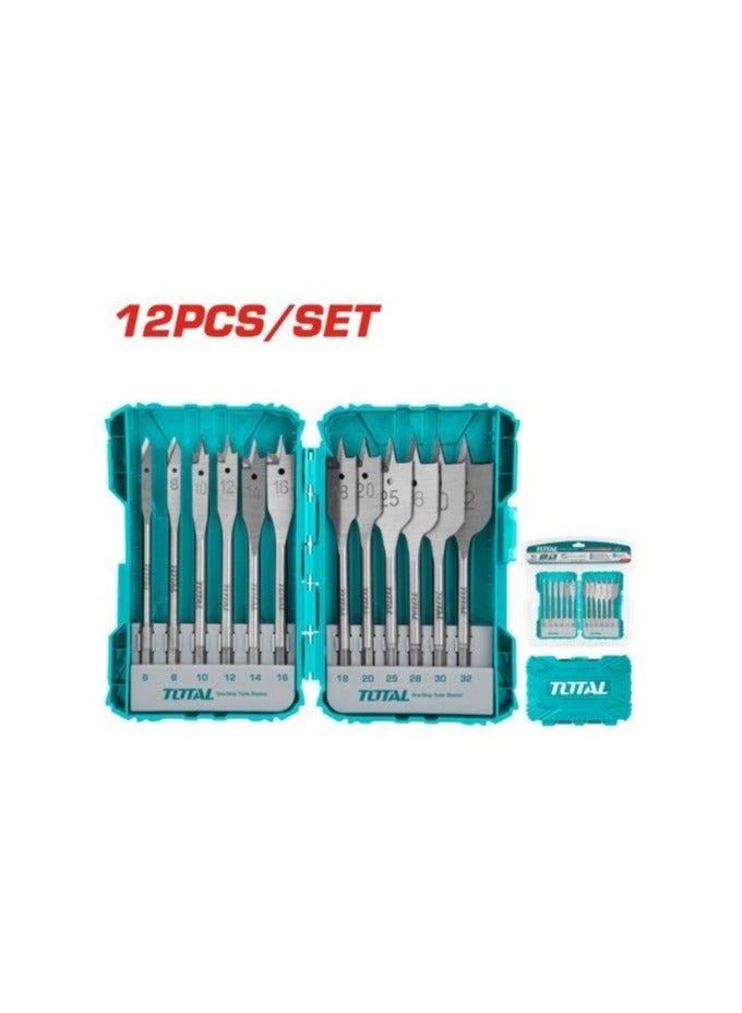 Total 12-Piece Flat Wood Drill Bit Set - Carbon Steel Paddle Bits with 1/4