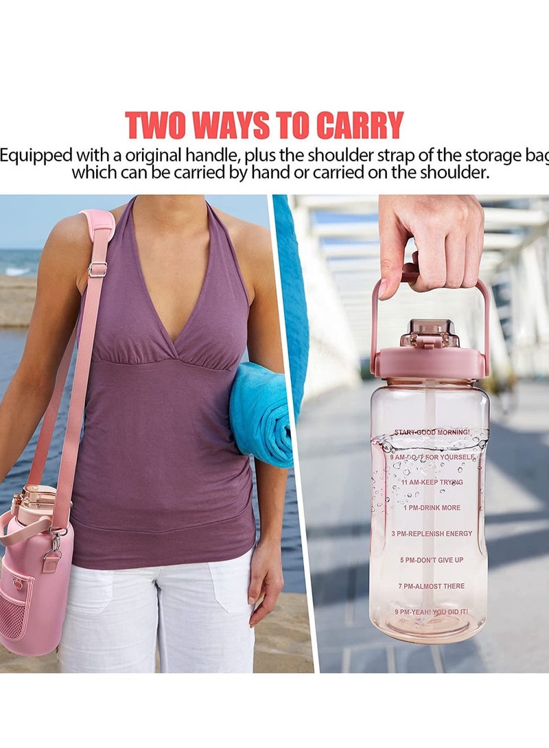 Half Gallon Water Bottle with Storage Sleeve, 2L Motivational Water Bottle with Straw & Time Strap, BPA Free Leakproof Large