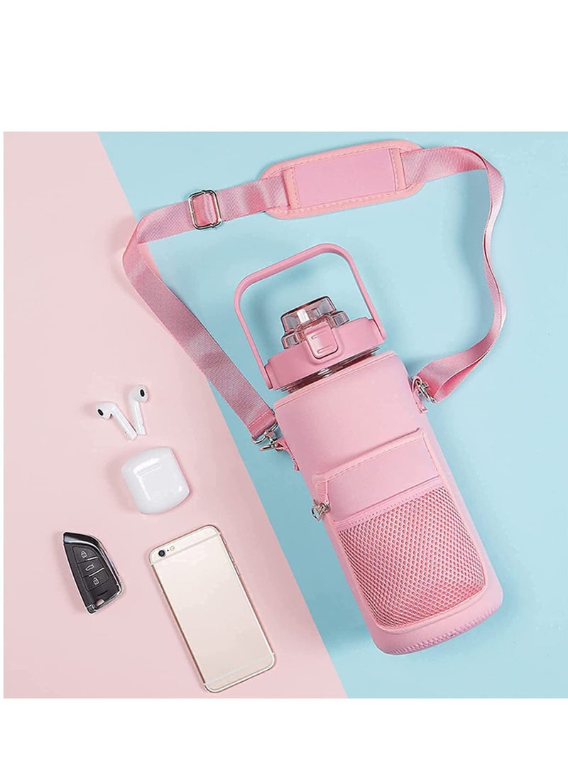 Half Gallon Water Bottle with Storage Sleeve, 2L Motivational Water Bottle with Straw & Time Strap, BPA Free Leakproof Large