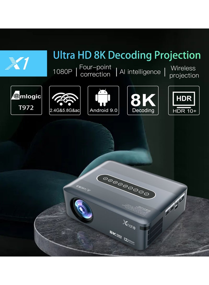 Classic Projector Portable Smart Projector 1080P Ultra Full HD 8K AI Intelligence Wireless Bluetooth Projector 12000 Lumens Dual Band WiFi Grey