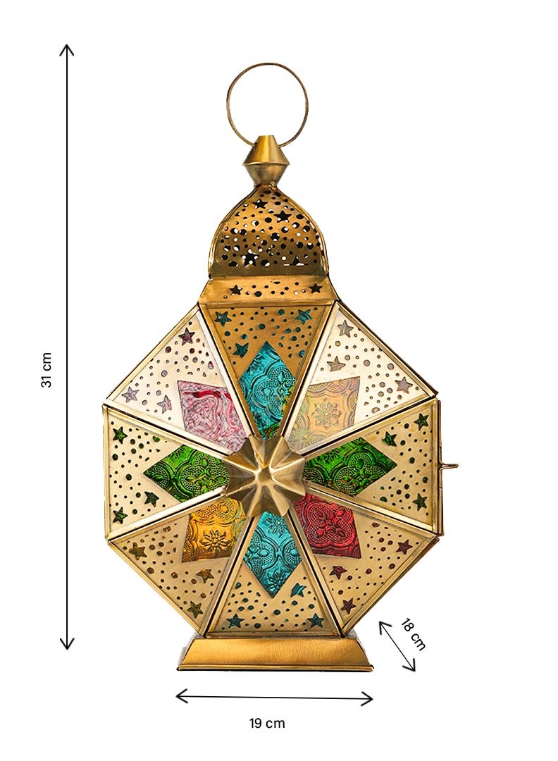 HilalFul Cairo Charm Brass Antique Multicolored Glass Decorative Candle Holder Lantern | For Home Decor in Eid, Ramadan, Wedding | Living Room, Bedroom, Indoor, Outdoor Decoration | Moroccan