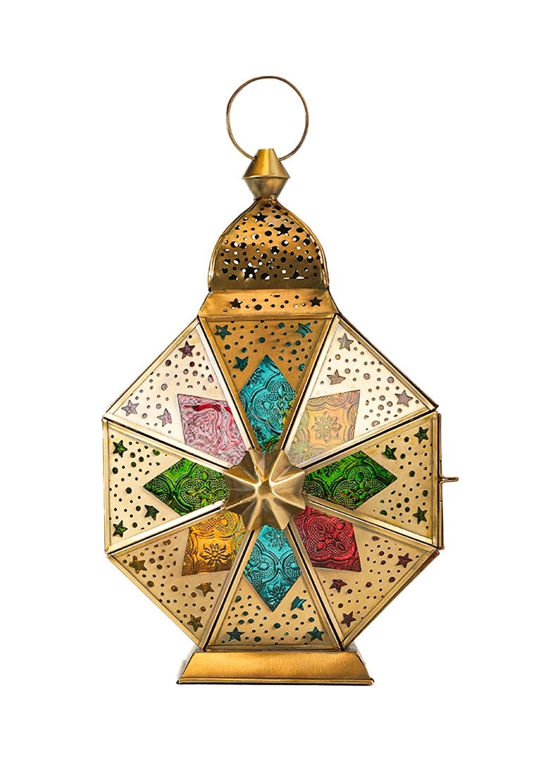 HilalFul Cairo Charm Brass Antique Multicolored Glass Decorative Candle Holder Lantern | For Home Decor in Eid, Ramadan, Wedding | Living Room, Bedroom, Indoor, Outdoor Decoration | Moroccan