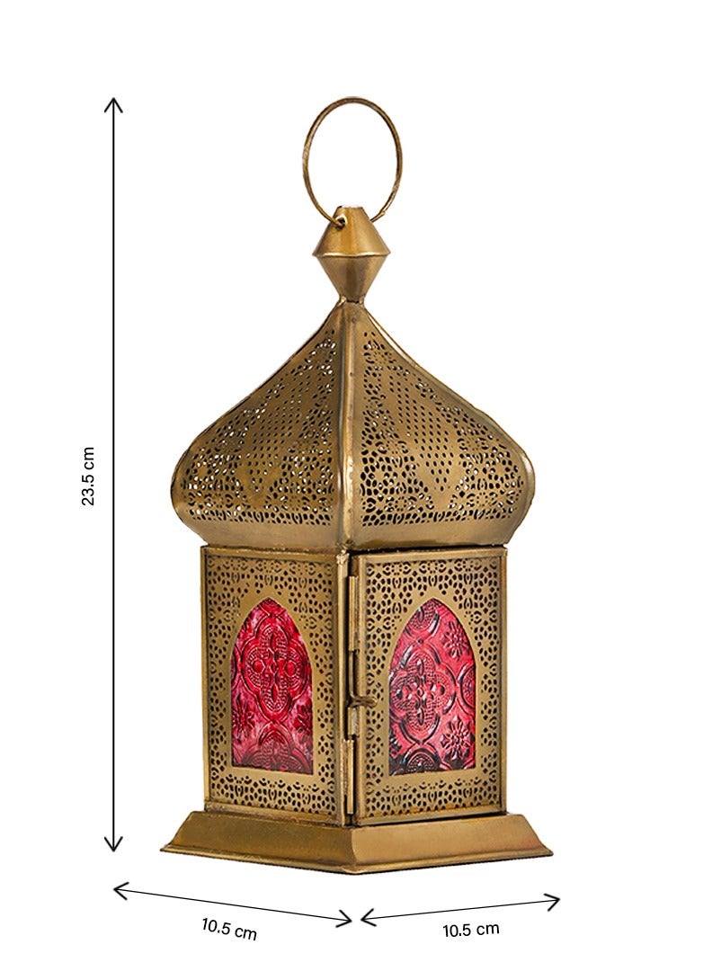 HilalFul Damascene Brass Antique Red Glass Decorative Candle Holder Lantern | For Home Decor in Eid, Ramadan, Wedding | Living Room, Bedroom, Indoor, Outdoor Decoration | Islamic Themed | Moroccan