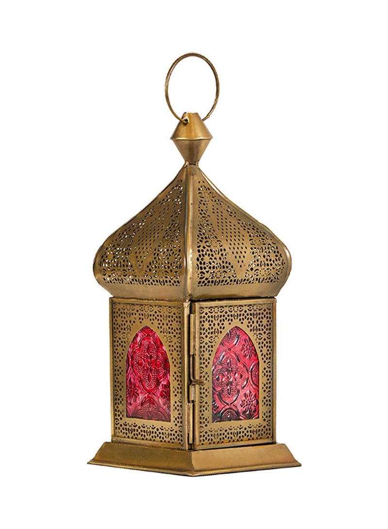 HilalFul Damascene Brass Antique Red Glass Decorative Candle Holder Lantern | For Home Decor in Eid, Ramadan, Wedding | Living Room, Bedroom, Indoor, Outdoor Decoration | Islamic Themed | Moroccan